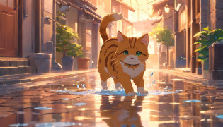 Gatinho, On the cobblestone street, Playing in a puddle of water