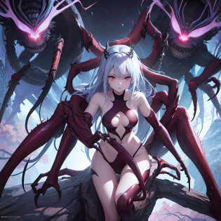Anime - style rendering of woman growing on giant spider, spider, anime monster girl, spider, april rendering, spider legs big, spider, spider legs, spider man, spider avatar, half-human, half-spider, goddess of darkness with six arms, 6 claws, claws, 2 b, 2b, yokai, spider phobia, half anime girl, upper body human girl, monster girl, big spider, spider