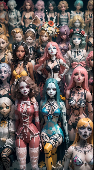 ultra-detailliert?hightquality?top-quality?high detailing?Precise illustrations?Pencil drawing?Edge Detection?sharpness?High contrast?Highlight?photoRealstic?ciinematic light??k?Lots of creepy mannequins?Lots of dolls?Lots of bikini gals?Lots of girls?parade?Black Parade?dance?matsuri?