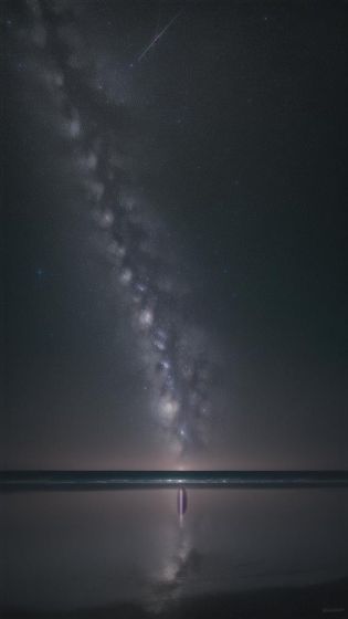 high quality, high resolution, extreme detail, masterpiece, seaside, ocean, night, reflections, volumetric shading, photography, night sky, stars, milkyway,  <lora:Milky-Way_LoRA:0.8>, dark scene