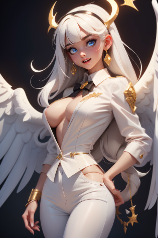 masterpiece, best quality, perfect quality, highly detailed eyes, highly detailed face, 1girl, boobs, (Helltaker), azazel \(helltaker\), angel, white shirt, white pants, gold trim, halo, angel, black hair, short hair, white ribbon, hair ribbon, light blue eyes, blunt bangs, smile, open mouth