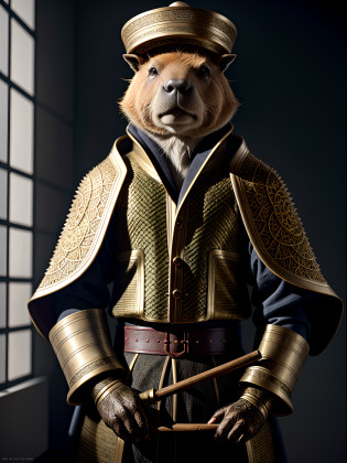 Close up of a capybara in a robe holding a cane, Capybara Warriors, Capybara with a hat, Robe and cane, Anthropomorphic capybara, Cute anthropomorphic capybara, wojtek fus, Fur armor, Fluffy, Wearing a capybara suit, hyperrealistic fantasy art, Wearing intricate fur armor??masterpiece, top-quality, in 8K , intricate detailes, ultra-detailliert , light Particle
