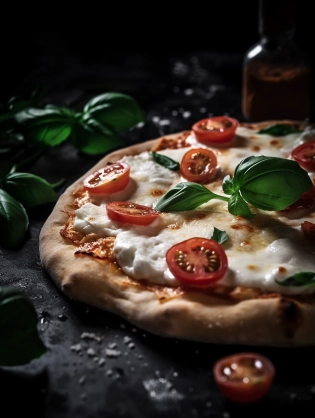 style: close-up shot | genre: gourmet | emotion: tempting | scene: sourdough pizza with extra mozzarella | tags: high-end food photography, celan composition, dramatic lighting, luxurious, elegant, mouth-watering, indulgent, gourmet | camera: nikon z7 | focal lenght: 105mm | shot type: close-up | composition: centered | lighting: soft directional light | production: food stylist | time: evening | location type: interior --ar 3:4 --v 5