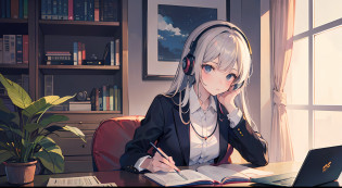 Anime girl with headphones sitting on laptop table, lofi-girl, lofi artstyle, lofi art, lofi vibes, lofi feel, adult lady?25-years old?Business suits?lofi hip hop, lofi, chillhop, lofi girl aesthetic, lofi portrait, Lofivibe, lofi color, anime vibes, The aesthetics of the lofi