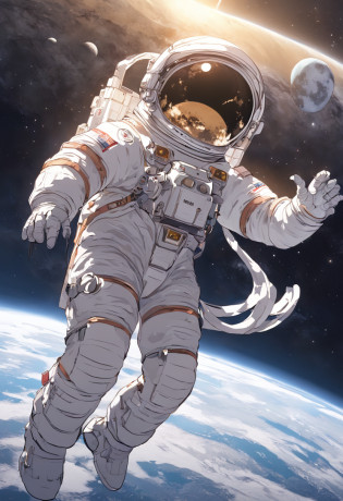 1 astronaut, helmet, space suit, (floating in zero gravity:1.2), earth, Moon, stars, Spaceship, (Reflect sunlight:0.8), Milky Way, (Distant galaxies:1.3), moons, rocket launch, (exhaust gas:0.9), space station, (Cosmic background radiation:1.1), spacewalk, (Tethered to a spacecraft:1.4), (Repair satellites:1.2), (Weightless environment:0.7), (Communication equipment:0.8), (Explore new planets:1.3), (Collect samples:1.1), solar system, (Reflection of an astronaut on a visor:0.9), (international space station:1.2), (An astronaut's perspective:1.3), (Re-entry into the atmosphere:1.4), (International cooperation:1.2), (View from inside the spacecraft:0.8), (Astronaut training:1.1), (moon landing:1.3), (Spacewalks in spacewalks):1.2), (Lunar rover:1.1), (Explore the unknown:1.4), (The shadow of an astronaut on the surface of the moon:0.9), (Floating tool:0.8), (Majestic globe landscape:1.3), (Interstellar Travel:1.2), (Astronaut badge:0.8), (Spacecraft control:1.1), (Celestial navigation:1.3), (The astronaut's visor reflects the Earth:1.2), (Space travelling:1.4), (The astronauts' spacewalk was tethered to the spacecraft:1.5).