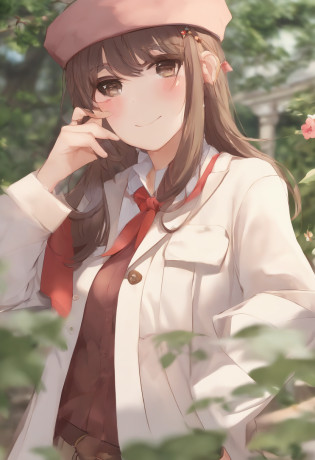 (Daisaku),(Need),(Super meticulous),(full bodyesbian:1.2),1girl,tchibi,adolable,ssmile,Smile with your mouth closed,florals,exteriors,Raise your right hand,Hold a pencil in hand,Hold a book in your left hand?Music,beret,Writing with a pencil in hand,Manteau,Blushlush,The tree,:3,The shirt,short detailed hair,SakuraNS,green headwear,Blurred,brunette color hair,Blush stickers,longer sleeves,By bangs,Earphone,brunette color hair,pinkflower,(beautiful  detailed face),(???????),