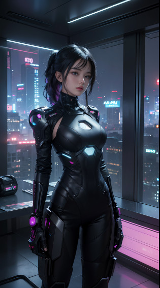 Best image quality, Masterpiece, Ultra-high resolution, (Fidelity:1.4), Photo,  Movie, ((cyber punk perssonage)), cyber outfit, Futuristic, ((Award-winning ultra-realistic photos))??Hyper-detailing???Complicated details???High resolution CGI artwork 8k??a girl in?Futuristic cyberpunk living room/Bedrooms/kitchens/terrazzo?Detailed cyberpunk cityscape?Futuristic style?There are many colors and LED lights?The cityscape should be very detailed?depth of fields?Create depth with atmospheric lighting?Wide-angle lens showing rooms and windows?Use atmospheric and volumetric lighting to enhance cityscape detail?The room should be illuminated by the neon lights of the cityscape, Pastel textured colored background, Colourful, vibrant