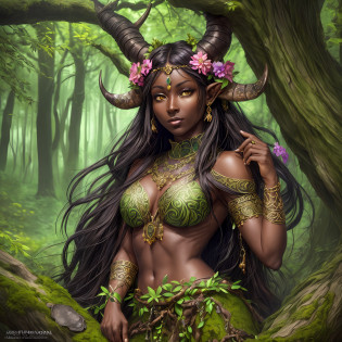 very saturated masterpiece of (((earth spirit druid dryad with ((dark skin)) and (two small horns) who is inside a tree trunk))),  (small ornate horns), thin horns, beautiful horns, delicate and interesting horns, (intricately carved horns), horns with floral carvings, (shimmering delicate horns), pearl dust horns, (((lora:archerturtleneck:1))), (woman is inside a tree), (woman is coming out of tree), (back and shoulders fused to big tree trunk), (back and shoulders emerging from tree bark), african and japanese features, (((very ((wide and big)) nose))), (big nose), square jaw, hires hair, (very big lips), (exotic features), ((exotic face with strong african features)), strong jawline, body is part of tree, full lips, pretty lips, plump lips, (((ornate nature runes on skin))), (delicate nature runes on skin), (((dark hair))), ((part of nature)), petite, beautiful face, big eyes, ((beautiful eyes)), bright eyes, realistic, highly detailed eyes, ((unique face)), (extremely detailed eyes), 8k eyes, dramatic facial expressions, elegant hands, ((masterpiece)), (fantasy), fantasy magical forest background, soft lighting, dark green background, (evening lighting) background, (rich colors), deep shadows, artstation trending, midjourney painting, studio lighting, realistic skin texture, high resolution eyes, detailed, highly detailed, small details, hires eyes, magical atmosphere, bold colors, (fantasy atmosphere), (realistic proportions), late evening light, style:dramatic, (mature), (fine lines on face), pretty colors, fantasy colors, (simple clothes), (simple dress), nature circlet, silk, (((simple))), (stunning), (((masterpiece))), huge mossy tree in background, huge tree in background with falling leaves,  (detailed background), flowered background, dark green and pink background, ((colorful fantasy forest background)), ((highly detailed (floral) fine details around eyes)), ((hires delicate shading around eyes)), (soft natural lips) --auto --s2