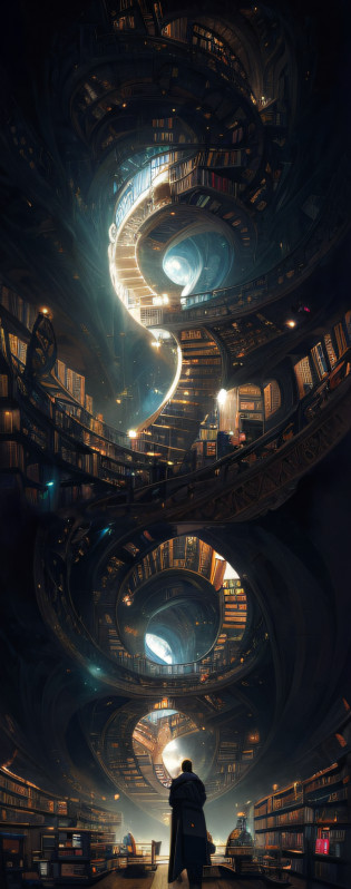 arafed image of a man standing in a library with books, endless books, borne space library artwork, books cave, fantasy book illustration, spiral shelves full of books, infinite celestial library, an eternal library, gothic epic library concept, magic library, japanese sci - fi books art, beeple and jean giraud, books all over the place