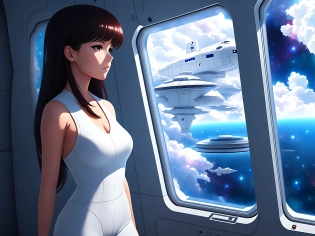 girl in a tight white jumpsuit looking at the window of a space ship, anime, manga, digital art, digital painting