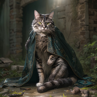 (Numerous award-winning masterpieces, with incredible detail, textures and maximum detail), (hyper realistic:1.4), (Full-length portrait:1.8), (cat standing up on two legs: 1.8), (black cat: 0.3), (calico cat, gray cat, yellow tabby cat, mackerel tabby cat, silver tabby cat, brown tabby cat, black & white cat, Siamese cat), (Veteran and high-ranking cat wizard: 1.7), (realistic:1.3), (highest quality realistic texture fur), (upper body up:0.4), (Finely drawn perfect circle cat's eyes), (Eyes that glow in the dark:1.5), (Fine and beautiful cat face: 1.6), ((medieval world)), (cat standing up on two legs: 1.8), in the dungeon, (A jet-black cloak with delicate decorations: 1.6), (A cloak with delicate decorations, although it is damaged and faded: 1.5), (menacing cat), (Wearing a wizard's black hat: 1.6), (Full-length real cat portrait:1.8), ((looks up)), ((looking down)), (holds a long wizard's staff that is elaborately decorated and emits a mysterious light: 1.7), (dramatic pose), black web robe, (High-ranking cat wizard fighting enemies: 1.2), (High-ranking cat wizard who releases magic from his fingertips: 1.3), fantasy, ((dramatic photo)), ((dynamic photo)), (real cat full body view), highly detailed, ultra-realistic, intricate details, painting (artwork), ((masterpiece,best quality)), ((cinematic light)), hyper realistic, fearsome, dark fantasy, epic realistic, faded, ((neutral colors)), art, (hdr:1.5), (muted colors:1.2), hyper detailed, (art station:1.5), cinematic, warm lights, light effect, dramatic light, (intricate details:1.1), complex background, (Greg rutkowski:0.8), (teal and orange:0.4), Old ruins infested with plants, Ruins of an old castle, Ruins of an ancient castle, Abandoned mine, Deserted ruins, crumbling ruins, Ruins with clear puddles, twilight, sunset, dusk,  Battlefield, bio luminescence,