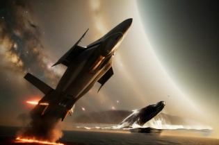 Wide-view, ultrarealistic, ultra-detailed, photo of a (starship:1. 2) in the blackness between galaxies. Industrial Ship Surfaces, Sharp edges, Symmetrical, Grey Ship Surfaces. Laser beams. Missiles. Eve Online. Battlestar. Traveller