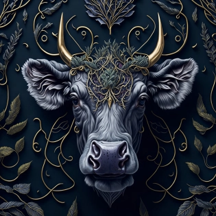 A vibrant botanical steampunk illustration realistic cow face, symmetrical, style of William Morris, (crystals), (bioluminicent), floral motifs, Victorian Background, highly detailed, intricately detailed, elegant, floral elements, leaves, vray, 3d, shiny metal, mace, Highly detailed