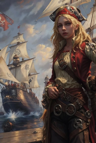 (medieval pirate:1. 2) blonde girl with red coat belts straps pants bandana standing on the docks in a crowd of sailors working beautiful cloudy sky bright morning light, (masterpiece:1. 2) (illustration:1. 1) (best quality:1. 2) (detailed) (intricate) (8k) (HDR) (wallpaper) (cinematic lighting) (sharp focus)