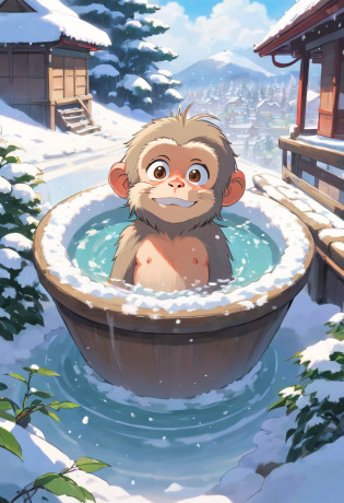 Japanese macaque?Heartwarming?Soak shoulder-deep in an open-air bath?Enter?Snow around