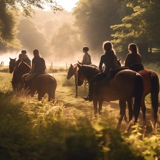 a group of students learning how to horse riding, green field outdoors, still movie frame, mid day light, sunny light, --q 5 --v 5 --v 5 --s 750