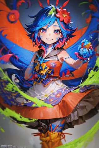 ((masterpiece,best quality, detailed)), 1girl, solo, medow, milky way, depth of field, glowing body,(grin:0.8), looking at viewer,  night, starry sky, <lora:neeko-nvwls-v1-final:1>neeko,<lora:mika_locon_v3l:1>, gradient hair, multicolored hair, streaked hair, print hair, looking at viewer,multicolored eyes, paint, paint on body, paint on clothes, paint on face, paint splatter, multicolored background, colorful,