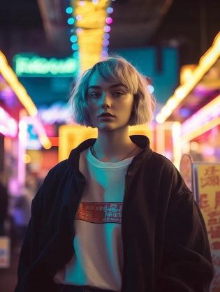 a girl, with short hair, is standing in a city in front of a neon store, in the style of realistic hyper-detailed portraits, [](https://goo. gl/search? artist%20), cult party kei, richly detailed genre paintings, alienpunk, interplay of light and color, ivan marchuk, Fujifilm X-T4, Sony FE 85mm f/1. 4 GM --q 2 --s 750 --ar 3:4 --style raw --v 5. 1 --q 2 --s 750 --style raw