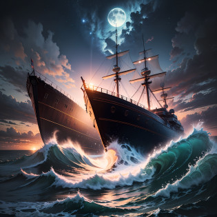 Computer Rendered Graphics, Realistic Fantasy, Extensive Landscape Ultrasound Photography (general view showing a huge wooden ship, + with decks, + 4 decks, + stern, + hold, + sails, + bow, + tank, + Front of the ship + bow, rear + stern .. Front of the ship + tank. Back hour) .storm, storm, waves, full moon, night sky, blurred background, warm, yellow, purple background, pink, warm, magic, 