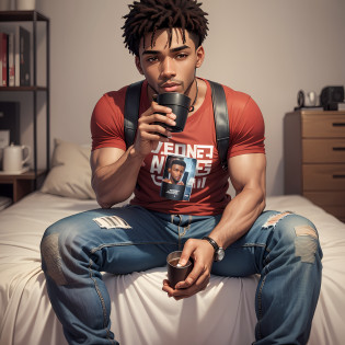 ((Artwork)), best quality, high detail, incredibly delicate and beautiful illustration, (1 young 26-year-old black man), brown eyes, serious expression, comfortable casual clothing, slightly blurry urban setting, softly blurred background, night lighting.this youtuber is sitting on his bed in the studio, ready to record another video for his channel. He's wearing an ordinary red T-shirt and jeans, which reflect his practical, funky style. Its leather strap adds a touch of style to its simple, relaxed look. His short black hair, short beard and light brown eyes catch the attention of his followers, while he holds a cup of hot coffee in one hand and a microphone in the other. He is focused and determined to create quality content for his audience while keeping his posture safe and relaxed, which contributes to creating a strong connection with his followers. In short, he's a successful YouTuber, known for his exciting and engaging urban legends, and his stripped-down style adds a personal touch to his content. High quality 4k image --auto --s2