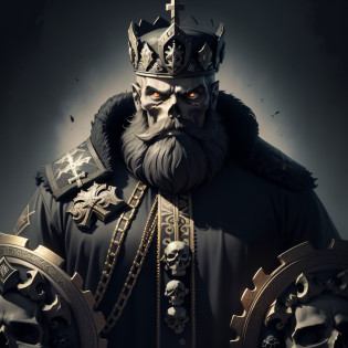Skull with ornate beard on a dark background, War skulls, with a crown of skulls, fantasy skull, sacred skull, adorned with skulls of angels and demons, Projeto de caveira para um escudo de moto clube, crown of skulls, death skull, skull and bones, morphing skulls, sacred skulls, skulls around, altamente detalhado, preto e branco, bordado