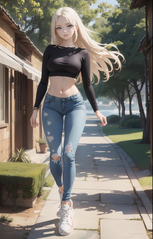 masterpiece, extremery magnificent view, perspective, extremery best quality, extremery detailed CG, 8k wallpaper, high resolution, highly detailed face, highly detailed eyes, perfect anatomy, super detailed skin,
(dynamic angle, dynamic pose:1.2), outdoors, park, tree and pond, (portrait, legs focus, full body), (beautiful face, beautiful eyes, beautiful legs:1.3),
1 girl, solo, (black top, blue jeans pants:1.3), (skinny jeans:1.3), long sleeves, medium breasts, blond hair, long hair, floating hair, straight hair, open forehead, (white sneakers:1.3), blue eyes, (navel:0.8), skinny, slender, wide hips, thin waist