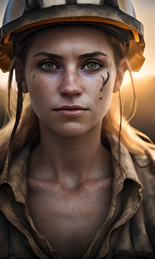 (best quality, insane quality), portrait of a beautiful female miner, cinematics, ray of light, focus on portrait, blur background, f/1. 4, ISO 100, 85mm, raw, canon, nikon