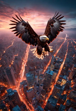 description: The album cover depicts a dynamic and captivating scene that perfectly captures the essence of trap music. Background Story: The background is a smoky, Urban environment with a hint of mystery and emotion. The smoke spins and dances in the air, creating a sense of movement and energy. The cityscape is illuminated by neon lights, throwing a vibrant variety of colors into the scene. Cinematic lights paint the surroundings in shades of electric blue, vermelho ardente, e roxo profundo, adding a dramatic twist to the atmosphere. centerpiece: Dominating the roof is a majestic eagle in mid-flight, suas asas estendidas e poderosas. The eagle is the symbol of freedom and strength, that resonates with the energy of trap music. Suas penas brilham com um brilho iridescente, reflecting the dynamic lights of the surroundings. The eagle's eyes are intense and focused, capture the viewer's attention with an almost hypnotic fascination. compositing: The eagle is positioned in such a way that it appears to be descending from the top of the canopy toward the center. Perspective adds depth and movement to the scene, Making it look like the eagle is coming down from above. The contrast between the fierce presence of the eagle and the smoky, Atmospheric background creates a captivating visual tension. Tipografia: The album title, 