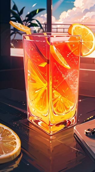 Gray sweater?Burgundy leather coat?Gray hair?Lemon tree in background?Sunny with blue sky?beautiful cloud?Floating lemon slices?A large glass of lemon juice on the table --auto
