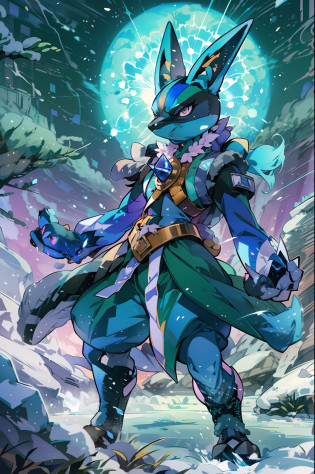In this striking image in manga style, Lucario se apresenta como o Mestre da Terra, Finding your inspiration in the rich Nordic culture. Captivating art brings to life his connection to the earth and the force with which he masters this element.

Wearing costumes characteristic of Nordic culture, Lucario irradia uma energia imponente e sagrada. The dynamic and expressive lines of the manga style highlight his traits and reveal the intensity of his presence as Master of the Earth.

The scenery is an icy landscape, onde o gelo e a neve se estendem por toda parte. The Nordic environment is underscored by elements such as snow-capped mountains and sturdy trees, que enaltecem ainda mais a majestade da cena.

Lucario controla a terra com habilidade e poder, their claws and feet firmly planted in the icy ground. Ele canaliza a energia da terra com maestria, as if you were directly connected to the essence of nature around you.

The image is perfect for printing a t-shirt, for it captures the essence of the charismatic Lucario as Master of the Earth, inspired by Nordic culture and immersed in the icy environment. It is an artistic representation that conveys a sense of strength, resilience and balance with nature, offering a charming and unique visual experience in manga style.