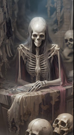 dystopian?Zdzis?aw Beksi?ski style?.Ultra-fine marble and bones of a female necromancer?skeleton face?volume fog?ultra-realistic realism?Amazing Cleavage?Surreal?the ultra-detailed?Cyber background?cinmatic lighting?The is very detailed?Amazing Cleavage?photography of?stunning environment?Close-up, Wide shot, From above