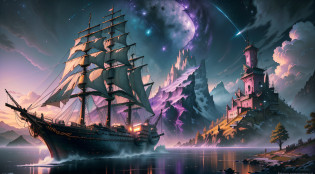 Computer VisualizationGraphics, realistic fantasy, Extensive landscape ultra photography (general view, Shows a huge wooden sailing ship, with deck, 4 Decks, Stern, Hold, + Lots of sails, + Bow, + tanks, + Stern, + ??.!ut + deck
Horizontal Platform - Deck, fullmoon, nigh sky, Blurred background, Warm, yellow, Purple background, Pink, Warm, Magic, 