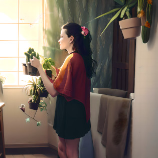 there is a woman standing in a room with a plant in her hand, adorned with all kind of plants, with flowers, indoor picture, with flowers and plants, holding magic flowers, with cactus plants in the room, photoshoot, next to a plant, very very low quality picture, holding maracas, holding a cactus, carrying flowers, holding flowers --auto