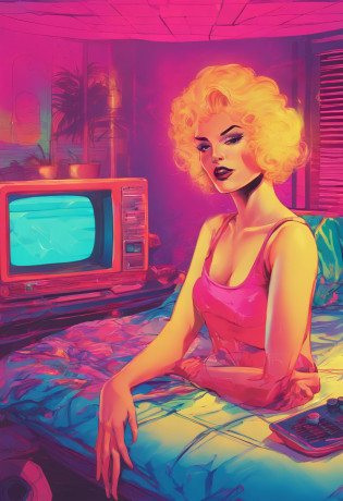 vintage 80s female mannequin wearing a 80s
Florida t shirt, in the shadows getting out of
bed, next to a lucite table with a Vaporwave
style ceramic coffee cup with coffee in it, inside
of a vintage Miami Vice themed bedroom, with
a neon flamingo lamp on the nightstand