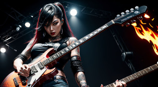 (Masterpiece:1.3, Best quality, Photorealistic, Ultra-detailed, finely detailed, high resolution, 8K wallpaper) Heavy metal, biker chick with chains and spikes, ferocious expression, powerful Asian female rock star, oriental dressed in red and torn jeans, dark eyeliner and black lipstick, heavy music, fierce woman, standing tall, epic guitar solo, guitar on fire, woman solo electric guitar, female guitarist of metal, woman playing the guitar, electric guitar made of metal, flames on stage, female rocker playing a concert,