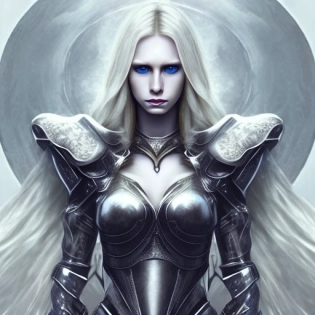 ethereal female warrior archangel, hauntingly beautiful, long blonde hair, pale skin, blue eyes, symmetrical features, thin features, narrow features, angelic features, armored wings, elegant features, bronze plate armor with silver pauldrons, fantasy, d