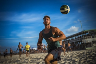 Beach volleyball, with white sand, Leo Messi, net, and players, environment, EOS R5