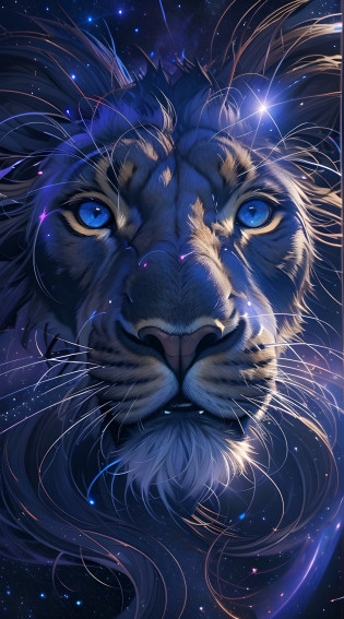Close up of lion on purple and blue background?portrait of a cosmic entity?Strange portrait of the Milky Way?In the starlight plane? ? ??Astral appearance?galactic dmt entity?Themes around Nebula Halos?Glowing black halo?cosmic entity?Galactic entity?galactic deity?Cosmic terrorist entities?quality astral projection render?Portrait of the cosmic god?astral ethereal