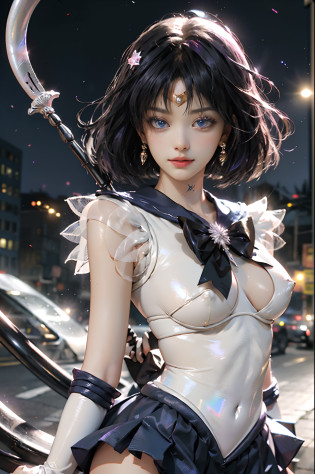 ?masterpiece?ful:1.3?stands?8K?3D?realisitic?Ultra Micro Photography?top-quality?Wallpapers with extreme details CG Unity 8K?frombelow?intricate detailes?(1 rapariga)?13years?Sailor Saturn:1.5,Hotaru Tsuchimoto:1.5,Sailor Senshi Uniform:1.2?Dark purple hair?Bob-cut hair fluttering in the wind,Sexy and dynamic model poses,dynamicposes,dynamic ungle?((Big long spear,battoujutsu stance,arma,Big sickle,Popol Weapon:1.2 )),(Purple sailor color,Purple pre-gate mini skirt:1.4?Purple Pleated Mini Skirt:1.4?Very thin and fit high gloss white holographic leather?High Leg Silver Swimsuit,very large red bow on the chest,,,,Very big red bow on the buttocks,Long white latex gloves,Purple gloves on elbows?Luxurious Golden Tiara?Metallic luster,Holographic Nagros,?Nipple Ring,)?(Outline of the iris:1.3, Details of face:1.3?Bright blue eyes?Beautiful expression?beautidful eyes?shinny eyes?thin lipss:1.5?thin and sharp pale eyebrows,?long dark eyelashes?Double eyelashes?Luxurious Golden Jewelry?a small face?tiny chest???,Thin, thin and muscular,,,,,perfectly proportions?big breasts thin waist?Visible Pore?Young Face?Sad look,seducting smile?perfect hand:1.5??octan render?highly dramatic picture?Strong natural light?sunlights?exquisite lighting and shadow?Digital SLR?foco n�tido: 1.0?Maximum clarity and sharpness?((kosmos:1.3,Saturn:1.5?Saturn ring:1.5?The sanctity of destruction and birth,cosmic background?rays of moonlight?Dynamic backgrounds?????)),(meishaonv,tiarra,Gold tiara on forehead,a sailor suit),sailor saturn,
gold tiara on her forehead