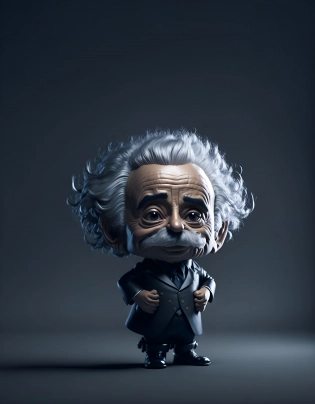Character portrait of Albert Einstein, standing on stage, side profile, caricature, chibi, kawaii, 3d rendering, octane rendering, volumetric light, victorian fashion, metallic, highly-detailed symmetric face, detailed eyes, ultra sharp, highest quality, art by Anja Millen and George Cruikshank and Bordalo II, smooth, sharp focus, trending on artforum, behance hd, kids story book style, muted colors, watercolor style