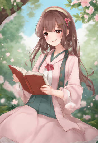 (Daisaku),(Need),(Super meticulous),(full bodyesbian:1.2),1girl,tchibi,adolable,ssmile,open-mouth smile,florals,Light blue background,Raise your right hand,Hold a pencil in hand,Hold a book in your left hand,Music,Pink berets,Manteau,The tree,:3,The shirt,short detailed hair,peach blossom,green headwear,Blurred,brunette color hair,longer sleeves,By bangs,Earphone,brunette color hair,pinkflower,(beautiful  detailed face),(???????),