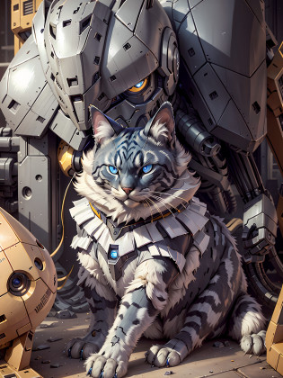 8k, cinematic effect, realistic, cat sitting on sofa with a mecha shell, partial mecha shell, limb mecha, yellow light on chest, blue eyes, balloon in the background, Maine raccoon, anthropomorphic large Maine cat, serious looking mainecoon cat, 2 years old, 5 years old, gorgeous lady, handsome, awesome cat, looking proudly into the distance, handsome girl, beautiful face, gorgeous facial features, domineering cat, beautiful cat