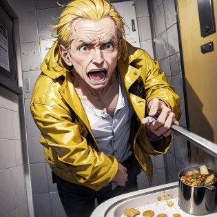 Absurd resolution, high resolution, (masterpiece: 1.4), hyper-detail, yellow coat white shirt yellow hair middle-aged man, shouting, expression shocked unbelievable, very dark weird toilet