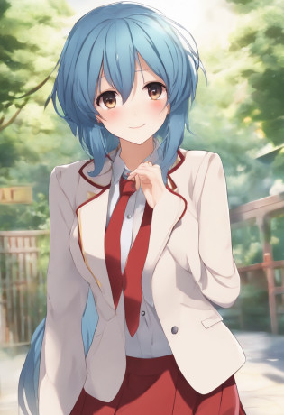 anime girl with blue hair and a red blazer, fubuki, kinmoza!, mayuri shiina, anime moe artstyle, rei hiroe, nightcore, school girl, rei ayanami, 2 d anime style, moe, kantai collection style, anime visual of a cute girl, ; visual novel, anime cover, anime visual style, rimuru
