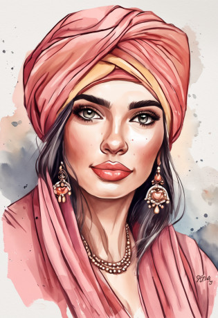 uma pintura  de uma mulher com um turbante rosa e um colar, trending on artstration, Cartoon style illustration, in illustration style digital, pintura realista da menina bonito, digital illustration portrait, Epic portrait illustration, estilo de arte dos desenhos animados, estilo de arte impressionante, pintura digital dos desenhos animados, Madison Beer Girl Retrato, Beautiful digital illustration, arte dos desenhos animados, realistic digital illustration