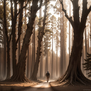 (extremadamente detallado, obra maestra, La mejor calidad, Tono sepia), un hombre con un hacha camina por un bosque. burned trees. Escultura renacentista en ruinas. soviet. Daytime Lighting.