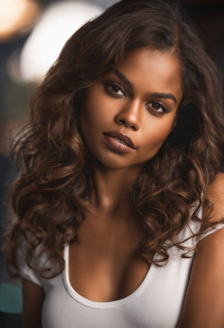 a woman with brown hair and a white top posing for a picture in the club, with brown skin, jaw-dropping beauty, jaw dropping beauty, light brown skin, brown skin. light makeup, light-brown skin, dark brown skin, ( brown skin ), stunning face, dark skin tone, beautiful look, she has olive brown skin, stunning beauty, gorgeous woman, brown skin