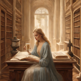a young woman captures your attention. Her blond hair falls gracefully over her shoulders, and her fair complexion seems to absorb the soft library lighting, giving her an almost ethereal glow. Clad in a cozy, cream-colored knit sweater and well-worn jeans, she exudes an air of comfort and familiarity within these walls.

In her delicate hand, she holds a Starbucks cupan oasis of modern convenience amidst the pages of history. The cup's logo and the aromatic steam wafting from it stand as a nod to contemporary life intertwining with the past. Her choice of beverage reflects a harmonious blend of modern indulgence and intellectual immersion.

Beyond the focal point of the young woman, the scene unfurls to reveal fellow patrons absorbed in their own pursuits. At a wooden table bathed in gentle light, a student pores over a thick textbook, scribbling notes diligently. Nearby, an older gentleman flips through the pages of a meticulously organized notebook, his index finger tracing lines of thought. Each individual creates a unique tableau of intellectual engagement, together composing a collective tapestry of introspection within the library's sanctum.

In her delicate hand, she holds a Starbucks cup an oasis of modern convenience amidst the pages of history. The cup's logo and the aromatic steam wafting from it stand as a nod to contemporary life intertwining with the past. 

The young woman captures your attention. Her blond hair falls gracefully over her shoulders, and her fair complexion seems to absorb the soft library lighting, giving her an almost ethereal glow. Clad in a cozy, cream-colored knit sweater and well-worn jeans, she exudes an air of comfort and familiarity within these walls.

Her eyes, a mesmerizing shade of blue-gray, are like pools of contemplation reflecting the depths of the knowledge-filled surroundings. These eyes possess an innate tranquility, as if they have absorbed the wisdom of countless pages and absorbed the serenity of the library's