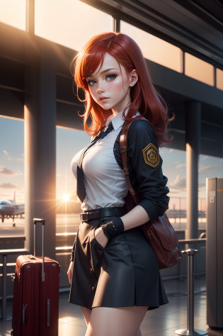 masterpiece, close up portrait, arafly dressed woman redhead ,   dynamic walk, move,   plane visible through windows,   trending on cg society, digital art, a hyperrealistic girl, perfect slim body,  hyperrealistic schoolgirl, dressed like bitch , realistic student, still from a live action movie, warm cinematic, sun rays, ray tracing, perfect perspective, promotional still,  airport interior background,warm cinematic, sunset god rays