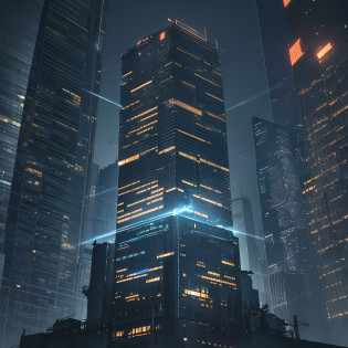Skyscraper, future, cyber skyscraper, scary skyscraper, mechanical parts on a skyscraper, darkness, ruins, cyberpunk, skyscraper made of torn wires, infored backlight, robots, non-scraper in the spotlight